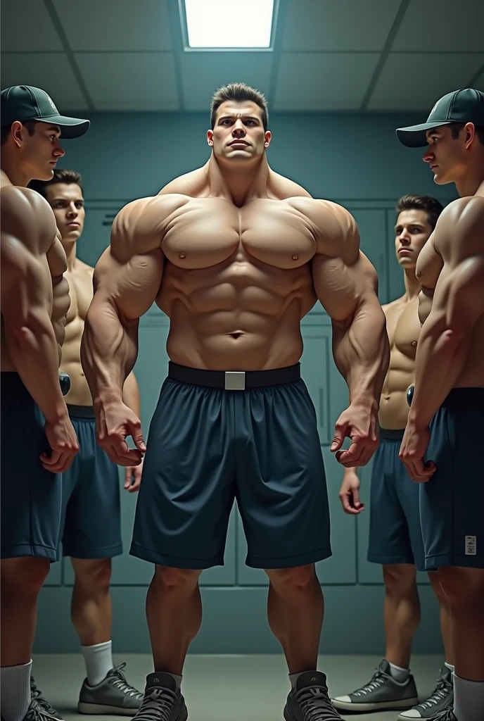 Ash Ketchum from Pokémon anime as a grown up big dumb muscular bodybuilder jock in a locker room flexing and staring blankly under hypnosis as he repeats, "Bigger... Dumber...." in a deep voice with his fellow hypnotized jocks. Hyper muscles. Big biceps. Big triceps. Broad shoulders. Big traps. Big lats. Big meaty pecs. Massive deltoids. Spherical glutes. Hyper swollen bulging crotch. Brainwashing. Hypnosis. Hypnotized. Bro. IQ drain. Dumber and dumber. Meathead. Musclehead. Mindless. Hypno. Mind control. Brain drain.