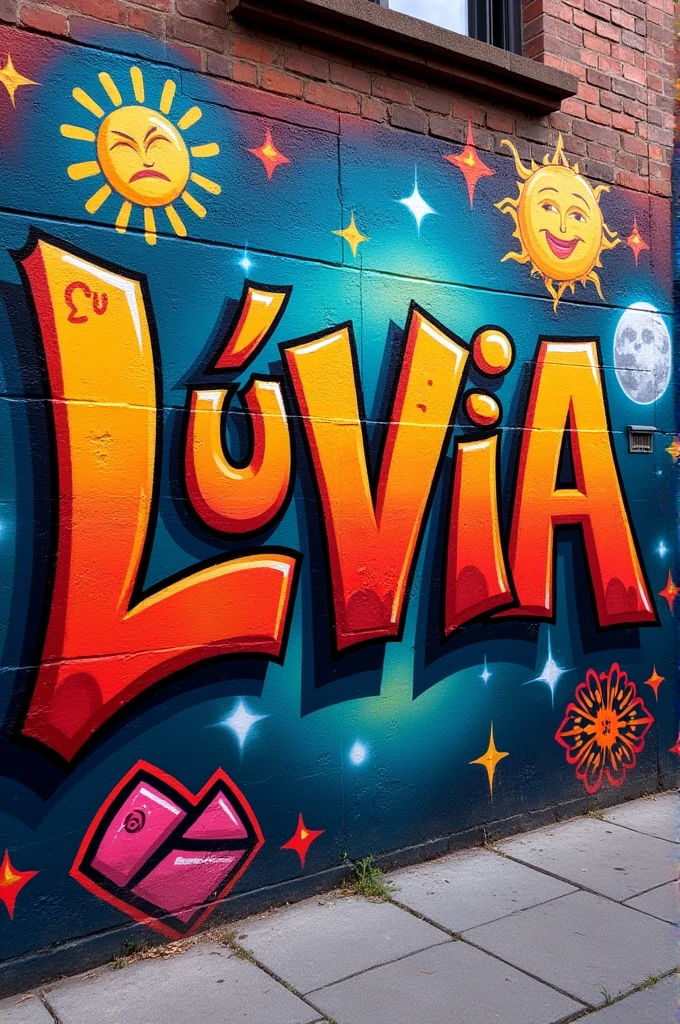 Image of a graffiti with the name Lívia something with sun moon broken heart mandala 