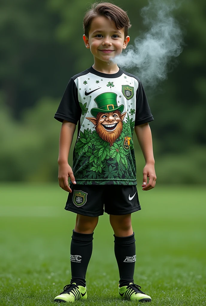 Make a complete micro soccer uniform that includes the colors black, white and grey with some design that has a leprechaun smoking marijuana