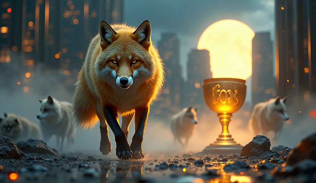 The image for the music *"You know from the front"* can have a powerful concept that emphasizes strength, the confidence and dominance of the fox and the Fox group. Here is an idea for the image:

**Image Description:**
The central scene shows a majestic fox, with a shiny golden or silver coat, moving forward in a determined manner. His eyes are fixed straight ahead, conveying a penetrating and relentless gaze. She is in a night scene, with the full moon illuminating the background, highlighting his imposing figure.

Behind the fox, there is a pack of wolves on the retreat, in dark shadows, almost invisible, symbolizing the defeat and failure of their opponents. The fox walks on a path paved with fragments of broken walls, symbolizing the obstacles she overcame and left behind.

As the fox advances, the ground beneath her transforms into a futuristic urban landscape, with tall buildings and bright lights, representing the sucesso e o poder alcançado. In one of the tallest buildings, there is a large golden cup with the name "Fox" engraved, symbolizing the victory and immortalized legacy of the group.

Around the fox, digital elements float in the air, representing the "virtual" who observes and recognizes the spectacle, mens, Ao fundo, clouds of smoke and debris dissipate, representing the destruction of the rival group.

**Paleta de cores:** Metallic tones (doradas, Plata), dark blue for the night scene, red for the details, and touches of neon to represent the future and digital power.

This image would perfectly capture the challenging and winning spirit of the song. *"You know from the front"*, highlighting Fox&#39;s superiority and determination.