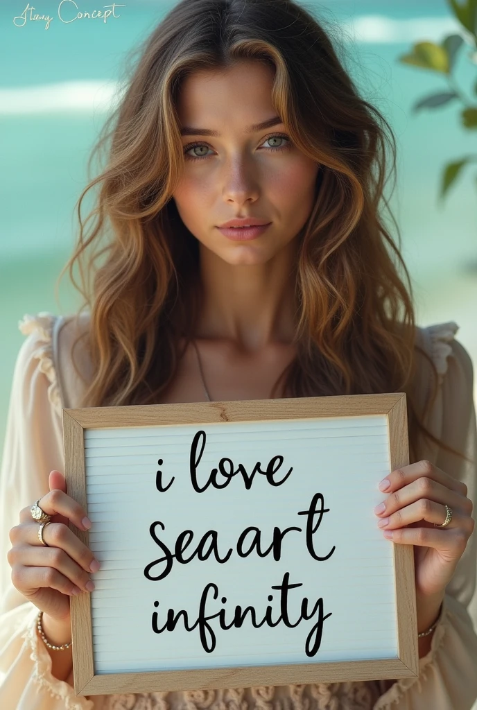 Beautiful girl with wavy long hair, bohemian dress, holding a white board with text "I Love Seaart Infinity" and showing it to the viewer