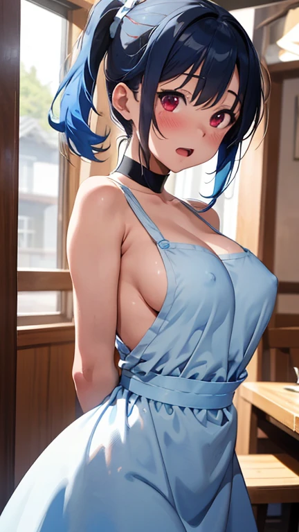 mastute piece,Best Quality,insanely detailed,8k cg,nsfw,
(shoot upper body:1.3),
(1girls:1.3),standing,looking at viewr,body in front,(arms behind back:1.4),(waitress costume:1.4,light blue doble breasted,apron),(bare breasts),break,
blush,shy,(ecstasy face),(trembling:1.2),break,(light blue hair:1.2),
break,
perfect breasts,perfect teats,(open mouth:0.9),(large breasts:1.2),
(restaurant:1.1),