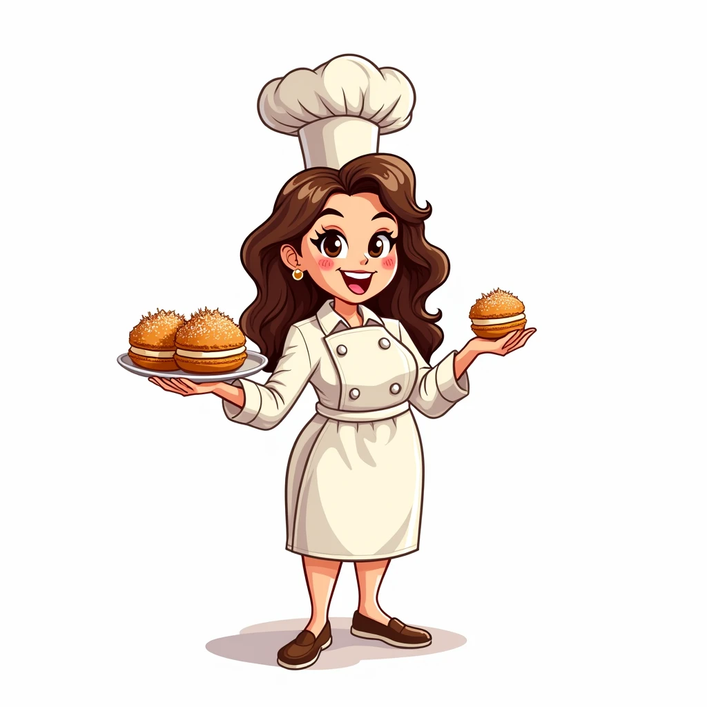 Make me a full body mascot logo about coconut macaroons make the mascot hold the coconut macaroons and make the backround white make it a human adult woman make her wear a chef attire make it so that i can see the chef hat and the body dont make it 3d make me see the hat