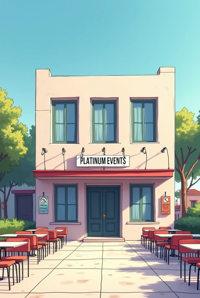 Image in architectural drawing style, unrealistic, fullcolor, em 2d ,of a beautiful rectangular building, form of a low-rise house ,with 4 windows, casa de Events, with patio in front containing empty tables and chairs, feast no interior, with a small warning sign on the wall saying no drinks and another large sign like the venue&#39;s sign written "Platinum Events", casa de show, feast, Events
