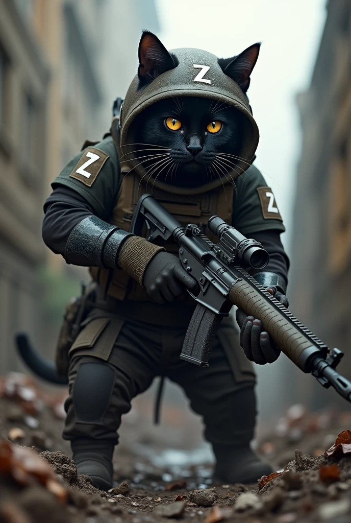 A black cat fighting against Ukraine with a rifle in his hand, wearing military clothing and with the letter Z in white on his arms and helmet. He is in the trenches. He hates Ukraine. His clothing is more modern. He is exchanging shots with the Ukrainians.