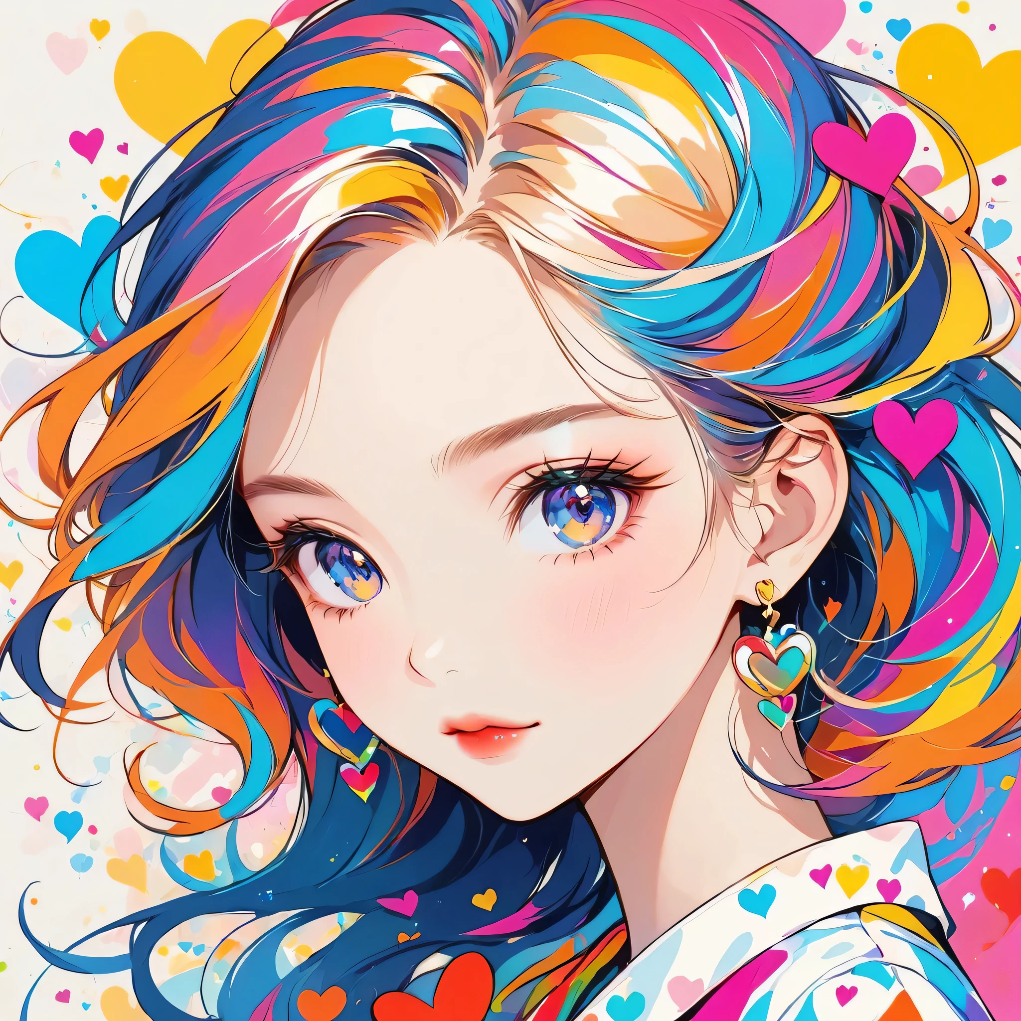 Mika Pikazo colorful style, Simple Line Initialism，Abstract art，Urban Background, (((The most beautiful girl of all time))), Sweet face. Lips in love, colorful hearts, stylish design