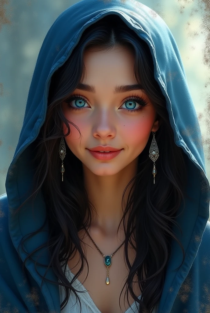 a beautiful young woman with striking blue eyes, long black hair in a medium length hairstyle, smiling and wearing earrings, wearing a hood, impressionist art style, intricate details, vivid colors, warm lighting, high quality, photorealistic, digital painting