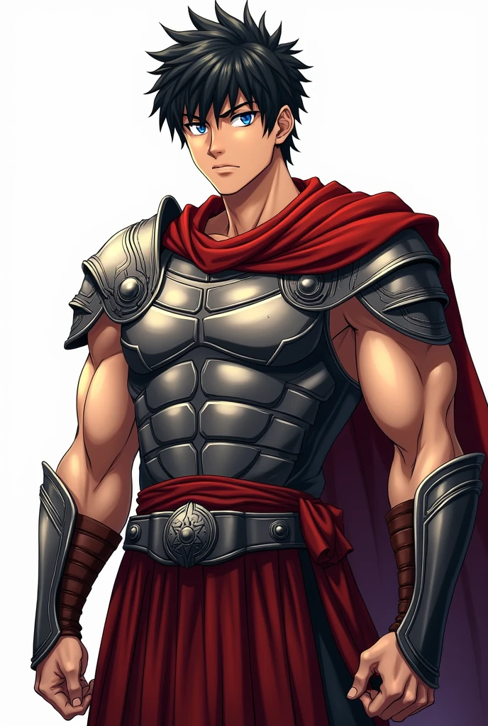 Anime drawing male character with black hair and blue eyes talking in gladiator outfit, white background, half body facing forward