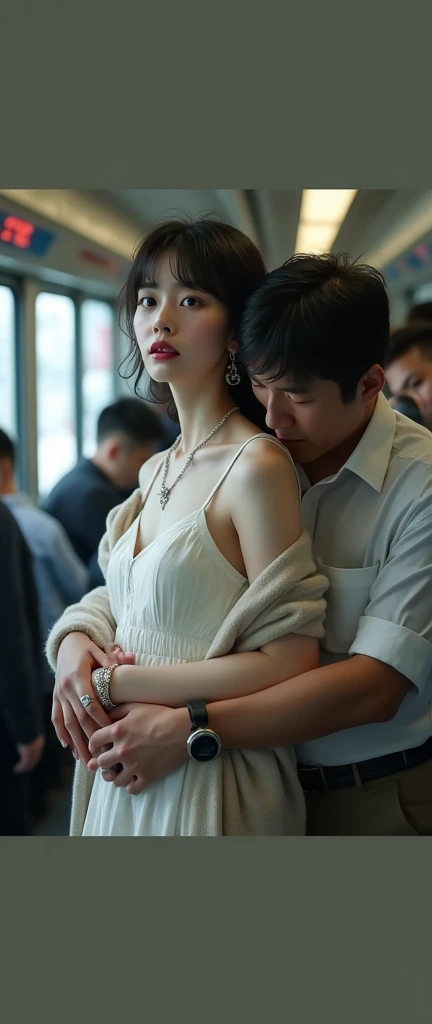 (in 8K、Raw photography、Highest Quality、realisitic、Photorealsitic、Professional Lighting、masterpiece、extremely delicate and beautiful、Highly detailed、finely detail、ultra-detailliert、hight resolution、full-shot)、SFW、VERY crowded train detailed scenario、1girl in、Beautuful Women(woman 1)ha、Wearing a white jacket and white skirt、Beautiful face:1.5、Slimming proportions、small tits、(woman 1)All passengers except male:1.5、Men in suits、(woman 1)Touching the body of、A old man(woman 1)hug from behind、male people(woman 1)Touching the chest of、male people(woman 1)Flip up the skirt of、I can see the white panties、Woman 1 is crying、shed tears、Draw in clear detail whose hand it is
