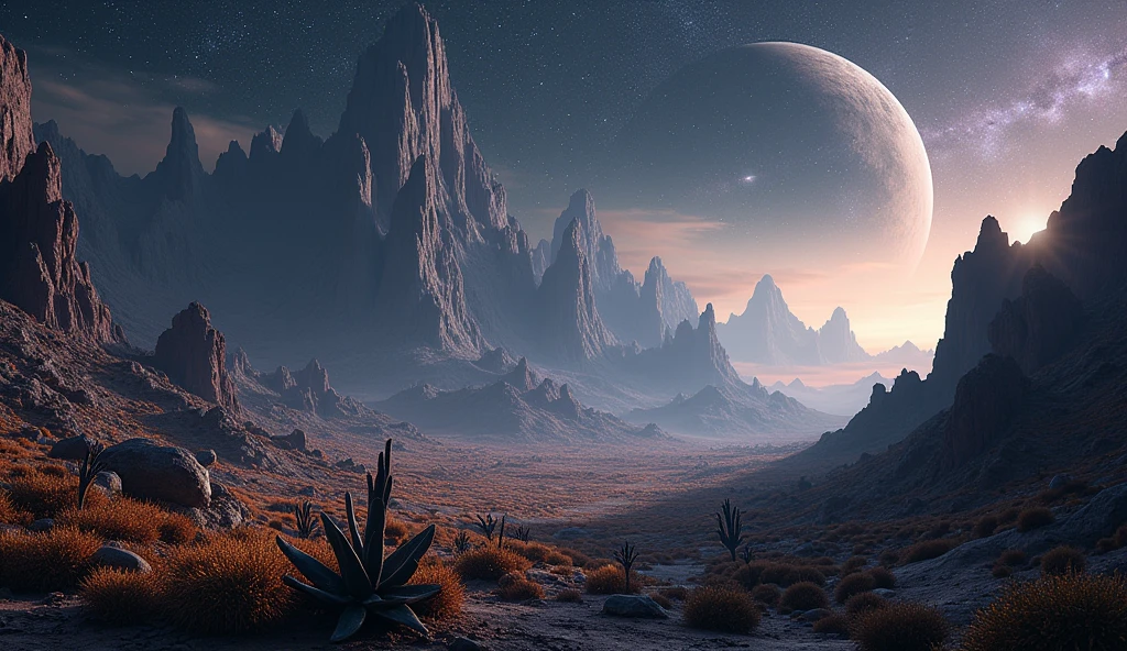 a cinematic landscape shot of an alien otherworldly valley with intricate mountains deep far in the horizon with few weird species of plants scattered around. few geometrical ruins from the past remains silent creating a mystical vibe in the atmosphere. the sky is total black seeing the deep space clearly with myriads of stars, distant planets and far away nebulas. the scene is realistic and cinematic inspired from IMAX Films capturing a moment from a sci-fi movie. high resolution, ultra graphics, sharp details, extreme quality, 4K HDR 