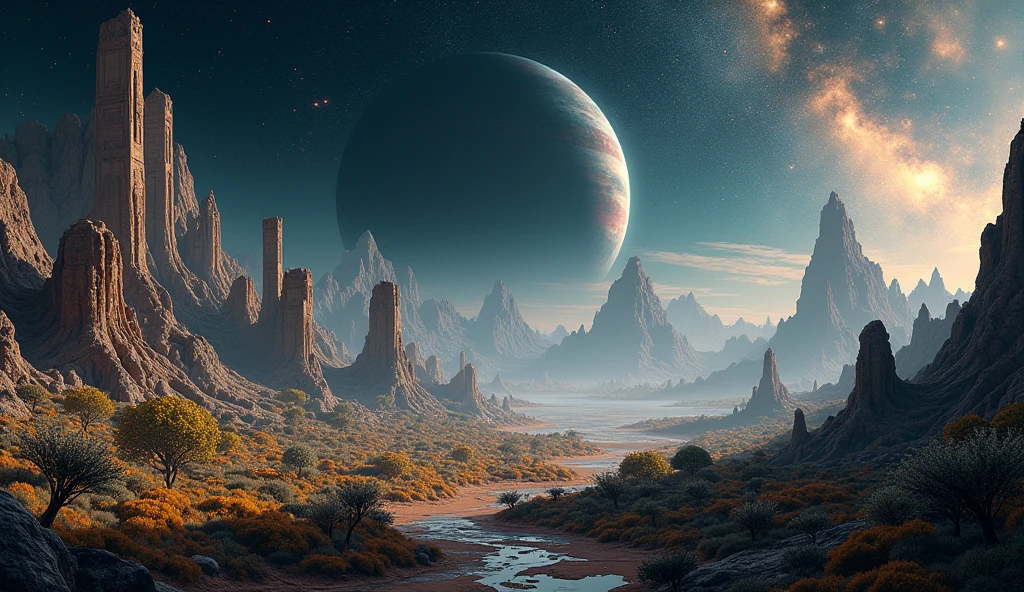 a cinematic landscape shot of an alien otherworldly valley with intricate mountains deep far in the horizon with few weird species of plants scattered around. few geometrical ruins from the past remains silent creating a mystical vibe in the atmosphere. the sky is total black seeing the deep space clearly with myriads of stars, distant planets and far away nebulas. the scene is realistic and cinematic inspired from IMAX Films capturing a moment from a sci-fi movie. high resolution, ultra graphics, sharp details, extreme quality, 4K HDR 