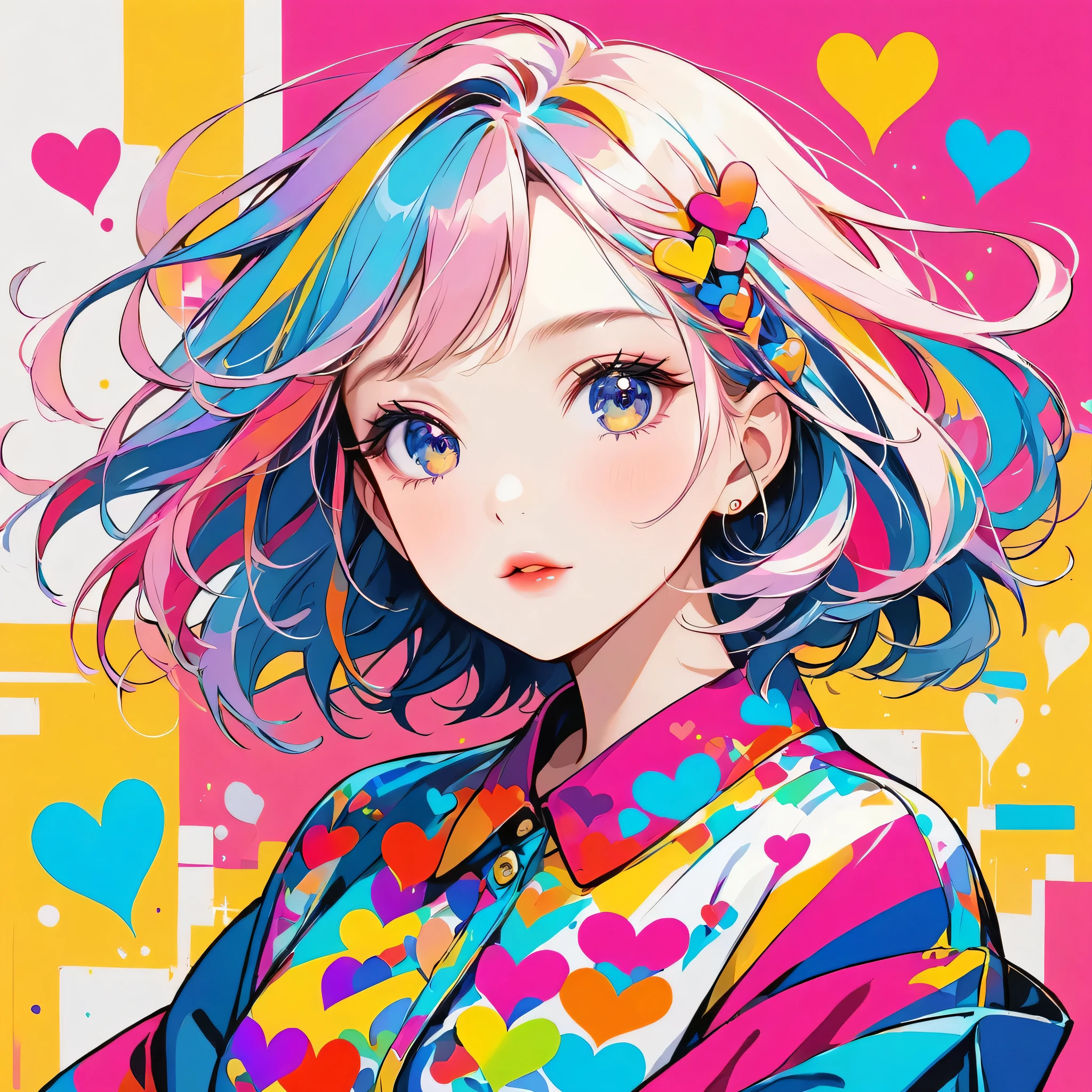 Mika Pikazo colorful style, Simple Line Initialism,Abstract art,Urban Background, (((The most beautiful girl of all time))), Sweet face. Lips in love, colorful hearts, stylish design