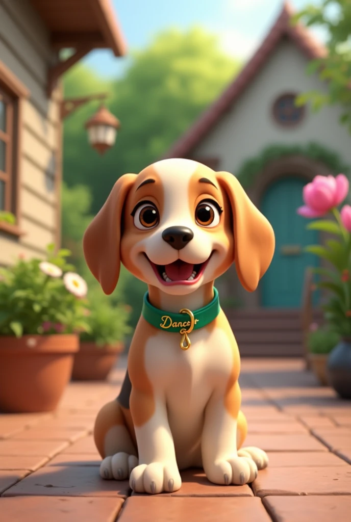 A Beagle puppy with a green collar with the name Dancer on it. This dog is on a terrace with his little house in the background. The image must be real.