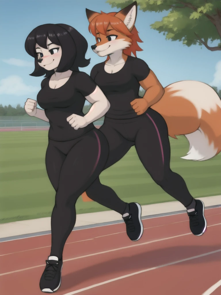 Furry, fox, female, black shirt, black leggings, shoes, running track, friends, full body