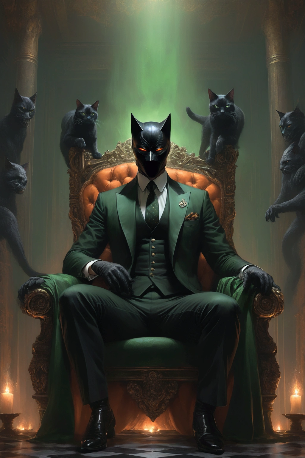 A dark, imposing figure sits on a towering, jet-black throne with sharp, angular designs that radiate authority and menace. His face is partially obscured by a strong, black mask, covering everything but his intense, piercing eyes that lock directly onto the viewer, creating an aura of intimidation. He wears a muted orange velvet suit with a dark green polka-dot bowtie, but the colors are dulled and shadowed, adding to the ominous atmosphere.
On his lap rests a sleek, black cat with glowing, terrifying eyes, its fur blending seamlessly with the darkness of the room. The cat’s presence adds an additional layer of foreboding to the scene. The man’s hands grip the throne's armrests, fingers subtly curled as if ready to command or pass judgment.
The throne room itself is dark and imposing, with cold stone walls and minimal decoration, save for a few jagged, black banners hanging behind him. The wallpaper is deep, almost black, green with faint gold accents that are barely visible in the dim, flickering light from a roaring fireplace to his side. The flames cast eerie, dancing shadows across the room, enhancing the sense of dread and power emanating from the masked man as he stares directly at the viewer, poised to deliver a final, chilling judgment.