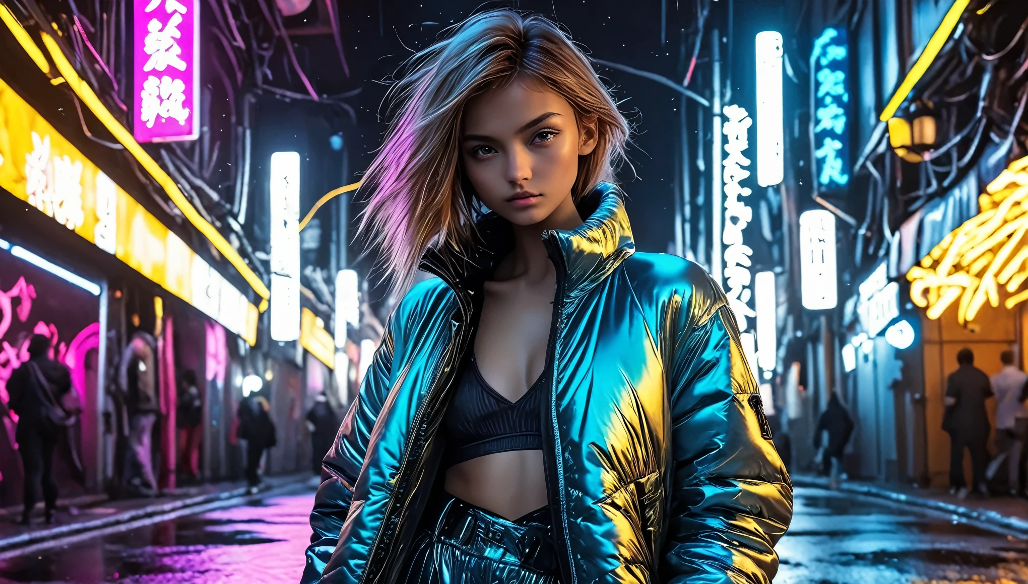 Top Quality, Masterpiece, High Resolution, 8k, wide objective, full body shot, ((cute skinny girl in shiny silky puffer outfit, low dekollete, wide neckline, deep neckline, long pixie asymmetrical hair, bright neon, cyberpunk, night, dim light only from a lantern)) view from far