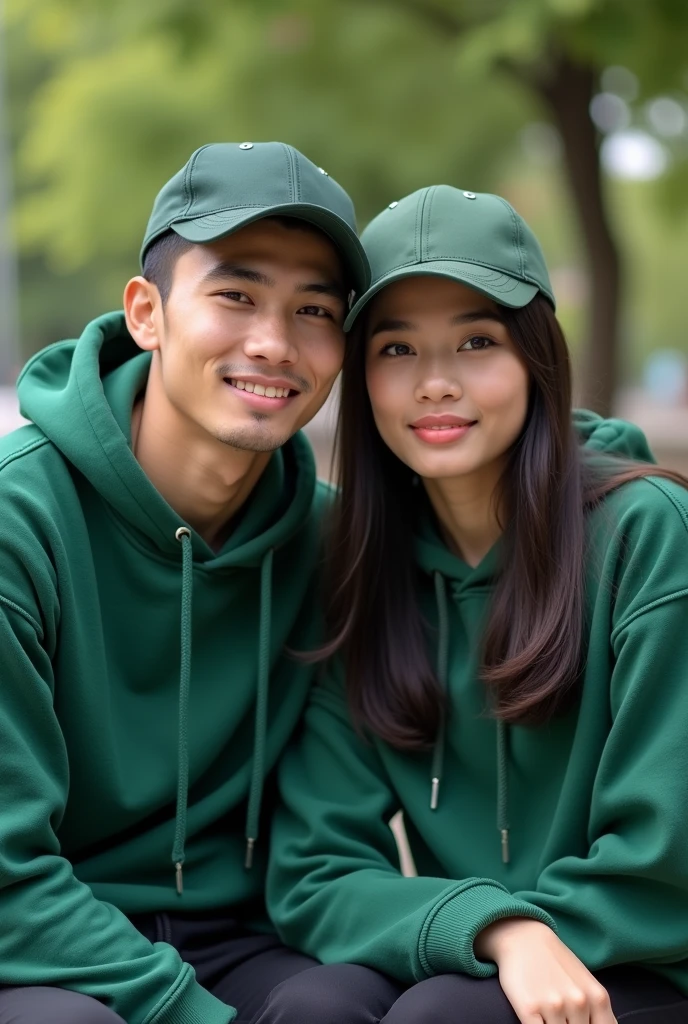 A pair of Indonesian lovers, clean faces, wearing hoodies green color wearing baseball caps, sitting on a park bench, photo facing front,super HD photography, sophisticated camera 