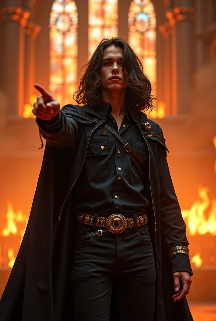 artwork best quality handsome american male teenager long brown hair light skin with black cape and hooded coat on head with gold accents black long sleeve shirt and black pants underneath intricate details singing holding a microphone seen from afar pointing at the audience at a concert with a castle on fire behind him uhq 8k details