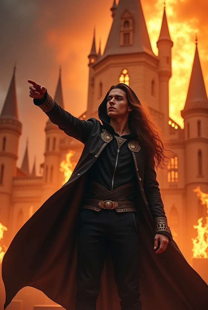 artwork best quality handsome american male teenager long brown hair light skin with black cape and hooded coat on head with gold accents black long sleeve shirt and black pants underneath intricate details singing holding a microphone seen from afar pointing at the audience at a concert with a castle on fire behind him uhq 8k details