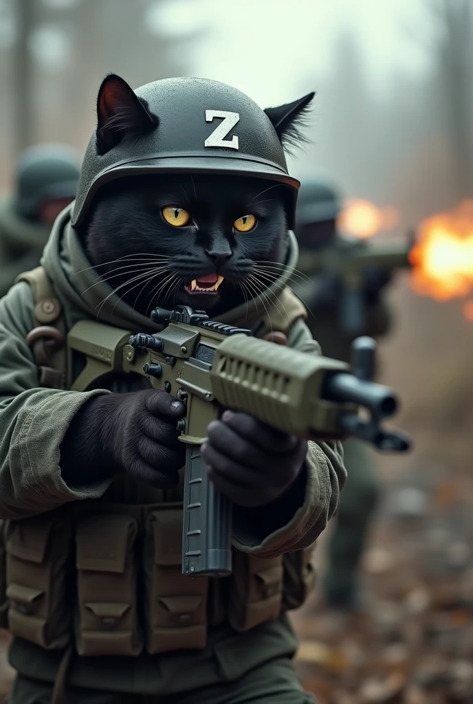 A black cat fighting against Ukraine with a rifle in his hand, wearing military clothing and with the letter Z in white on his arms and helmet. He is in the trenches. He hates Ukraine. His clothing is more modern. He is exchanging shots with the Ukrainians in the trenches.
