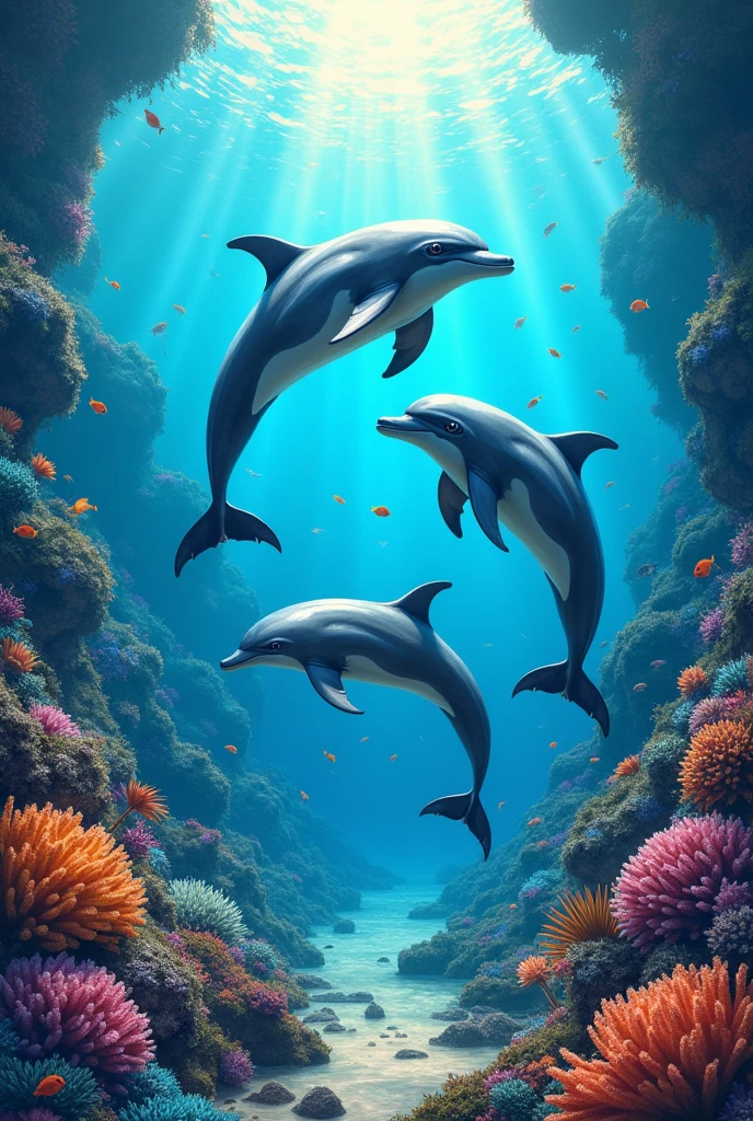 Dolphins with a very colorful sea and landscape