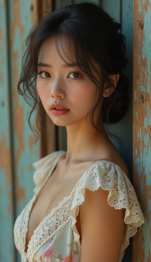 a profile of an ultra beautiful woman against an old painted clapboard wooden advertising sign, with the expression of slight pain and desire, wearing a cotton print summer dress, pastels and lace, intricate lace, weathered sign, pealed, old sign, 8k resolution