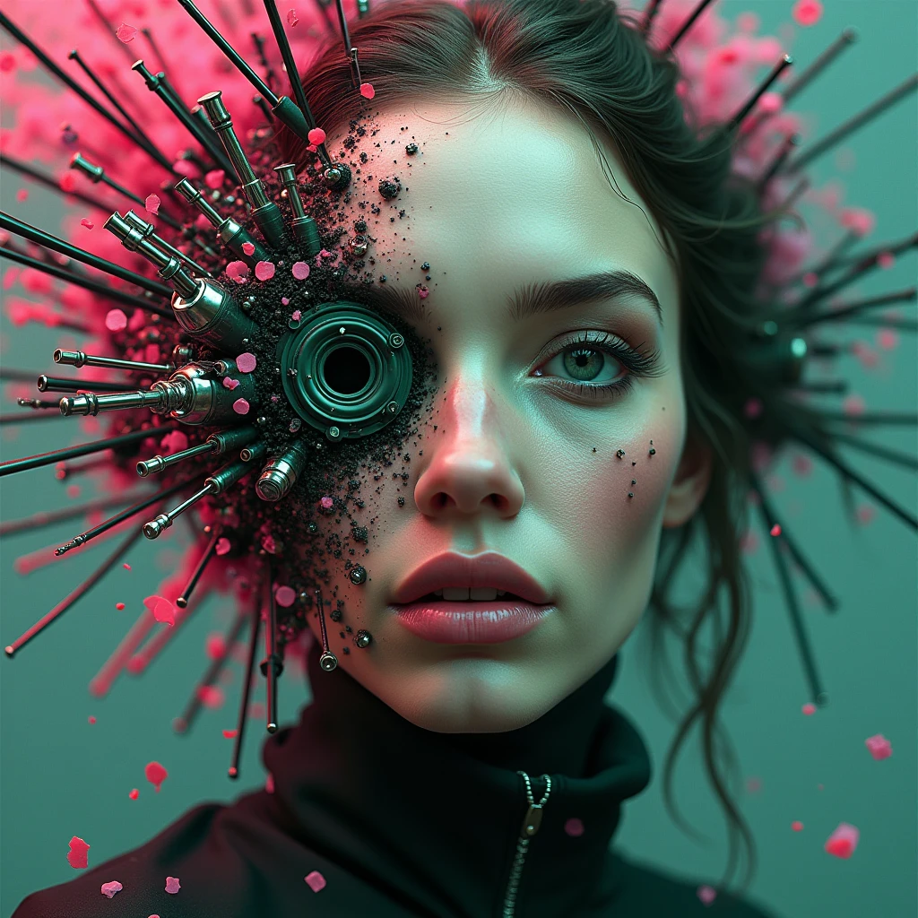 3D Puzzle , Beauty Look , Rotary, Explosive Warhead, machine parts, Stuck in the Face, Overexposure, Inspired by Igor Morski's Work, Dramatic works of art, Photo Manipulation, Photo Manipulation, corrosion, Explosion of Data Fragments, hmm, official art, Unbelievably High Detail, Photoshop Art, Noise Effect, dark green, Pink is the Best