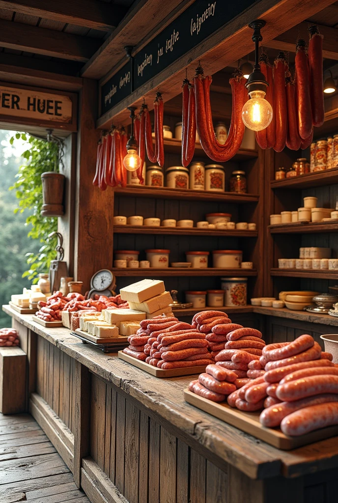 Butcher shop where dairy products and sausages are displayed for sale.