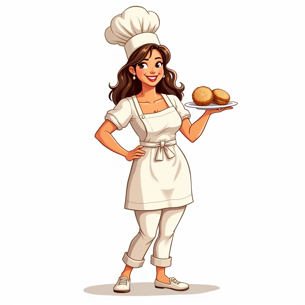 Make me a full body mascot logo about coconut macaroons make the mascot hold the coconut macaroons and make the backround white make it a human adult woman make her wear a chef attire make it so that i can see the chef hat and the body dont make it 3d make me see the hat