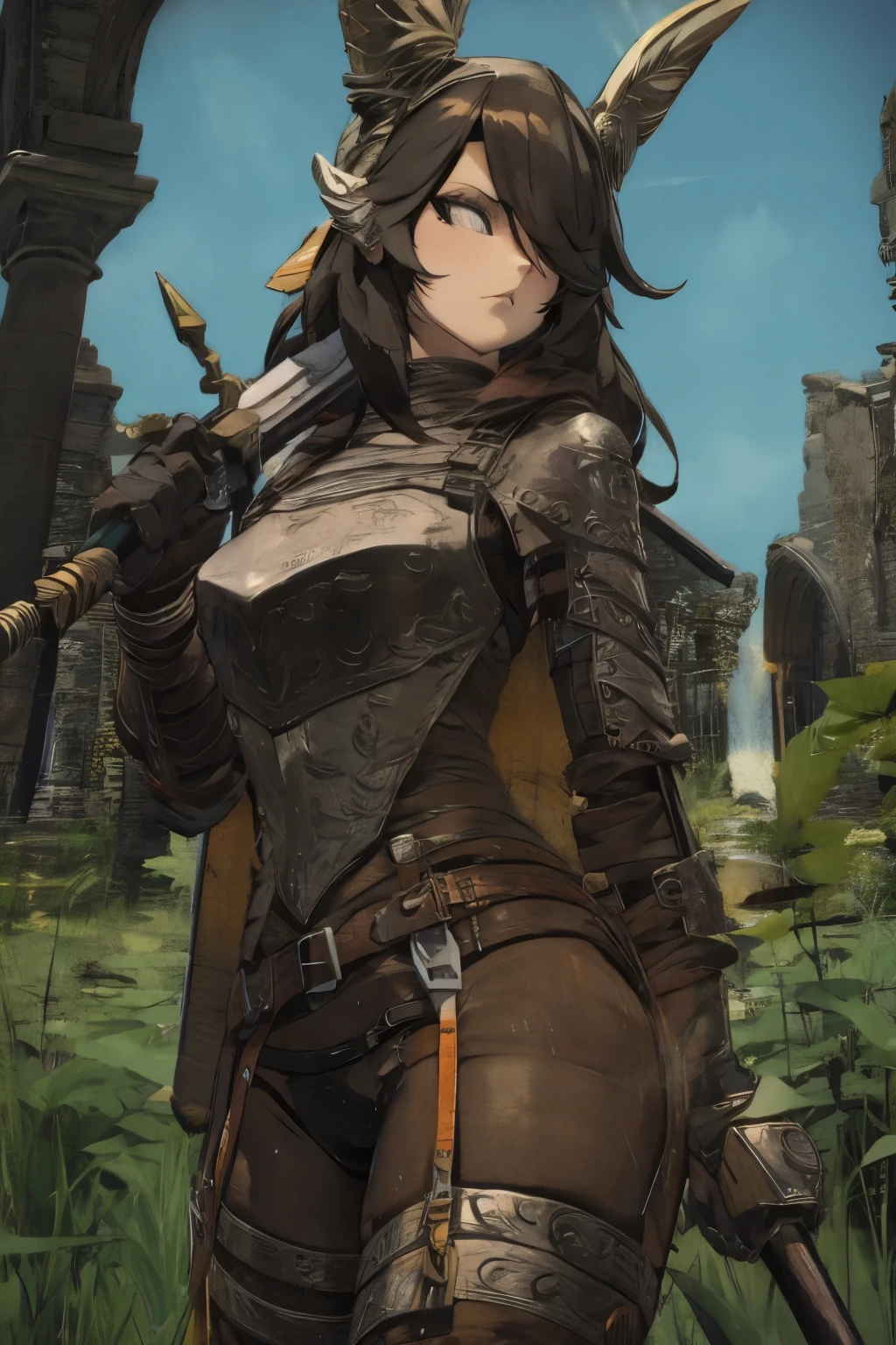 The woman, by the wide, long hair, black fur, black hair, fringe, pale, Pale skin, ((black eyes, black eyes)), scantily clad, black clothes, black clothes, Waders, hig boots, gloves, gloves, Cathedral, evening, fantasy