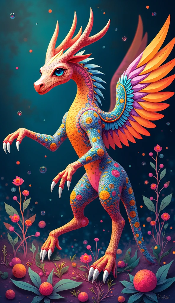 "Create an illustration of an imaginary animal alebrije formed from the mixture of several animals that can belong to any animal kingdom. They combine physiognomic elements of various animals, both real and imaginary, in a single being.