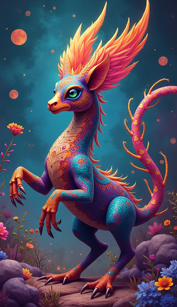 "Create an illustration of an imaginary animal alebrije formed from the mixture of several animals that can belong to any animal kingdom. They combine physiognomic elements of various animals, both real and imaginary, in a single being.