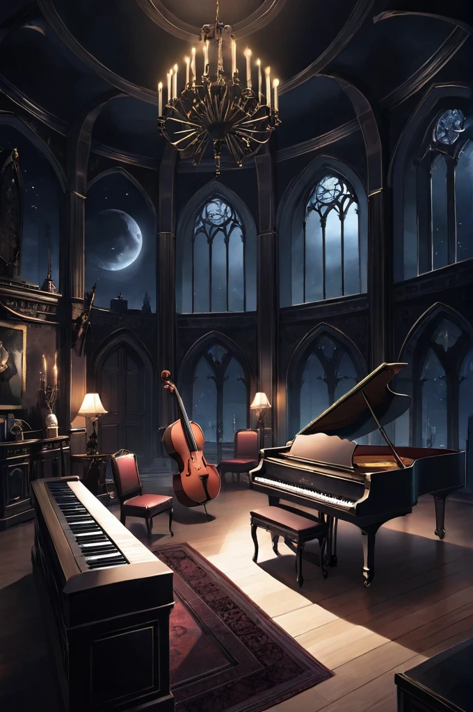 music room,large room,dark,Gothic,moonlight,There are a lot of instruments around,High ceiling