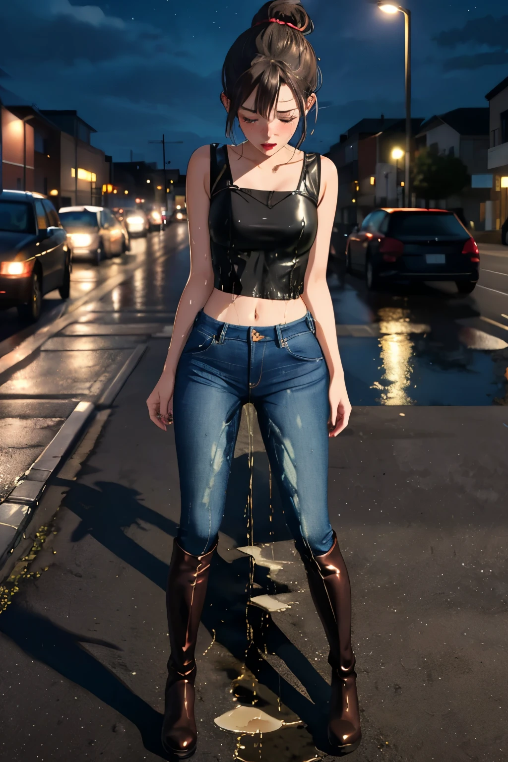 anime, highres, beautiful women, high detail, good lighting, lewd, hentai, (no nudity), (((jeans))), ((tight leather top)), (((leather thigh high boots))), bare midriff, ((wet crotch)), (((peeing herself))), (((wetting herself))), ((((peeing self))), (pee streaming down legs), peeing stain, (puddle), (thick thighs), nice long legs, lipstick, detailed face, pretty face, hair tied up, embarrassed blushing face, humiliated, ((on public sidewalk at night))