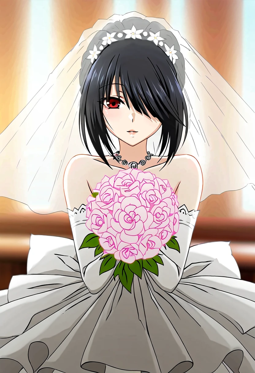 tokisaki kurumi,(((Best quality))),((Ultra-detailed)),((illustration)),((Disheveled hair)),((frilld)),(1 girl),(Solo), 1girl, black hair, blurry background, bouquet, dress, flower, hair over one eye, photo \(medium\), pink rose, red eyes, rose, wedding dress, white flower, blurry, blurry foreground, depth of field, motion blur,