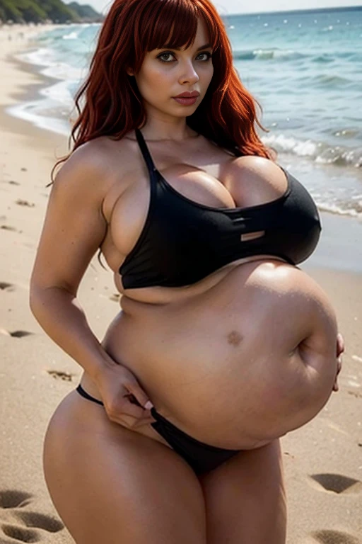 american woman, red hair, long hair, long hair and a bangs, pale skin, wearing black panties pull down and mini sport bra black crop top, very defined curves, perfect waist of a woman and has a large bust, and wide hips, is on the beach and has a large chubby bloated, pregnant belly and has a large bust, and wide hips.,hyper breasts,gigantic breasts,bottomheavy,Huge ass