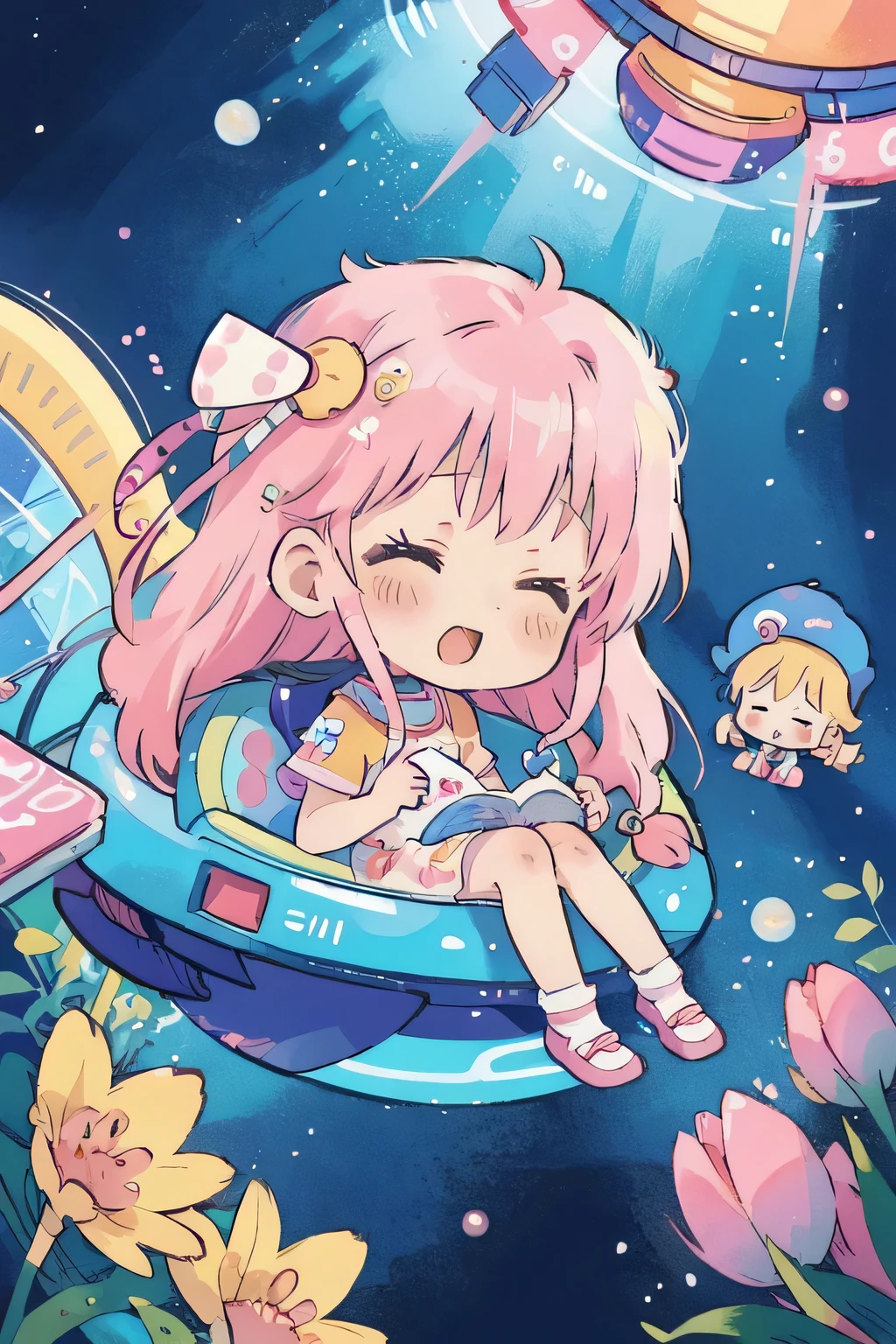 Momoko Sakura colorful style、Kawaii Design, most beautiful girl ever、chibi, ((Inside the spaceship)))、Space Travel