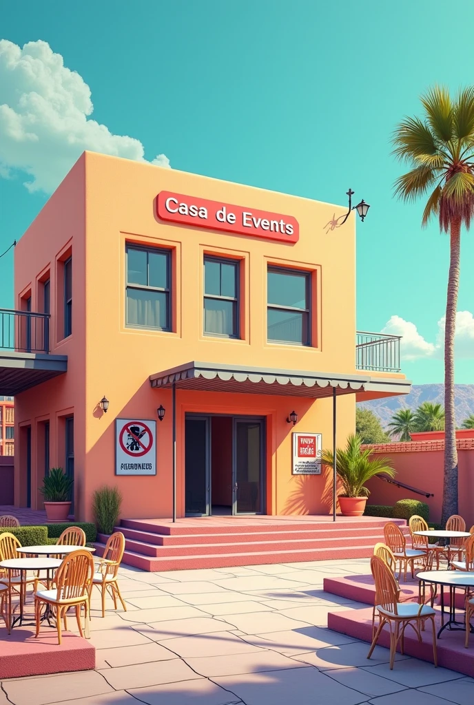 Image in architectural drawing style, unrealistic, fullcolor, em 2d ,of a beautiful rectangular building, form of surplus ,with 4 windows, casa de Events, with patio in front containing empty tables and chairs, feast no interior, with a small warning sign on the wall saying no drinks and another large sign like the venue&#39;s sign written "Platinum Events", casa de show, feast, Events, glass doors and windows