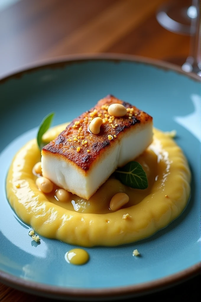 On a blue porcelain plate, a smooth mashed plantain serves as a base. A yellow hake fillet rests on top of the puree., perfectly cooked. Covered by the fillet, a creamy sauce made with cream and egg yolk brings richness to the dish. Finishing, a crunchy layer of crushed cashew nuts is spread on top, giving a special touch. For a sophisticated presentation, the dish is finished with a subtle sugar panty decoration.
