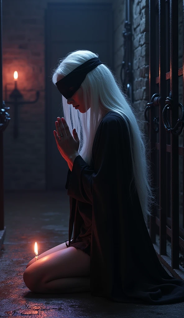 Start with a dark jail bathed in a mysterious black light, creating a sense of confinement and secrecy. The jail should have intricate details like iron bars and chains, suggesting imprisonment or restraint, BREAK
In the center of this room, depict a (((beautiful))) darkskin androgen with long white hair, blindfolded with a black cloth. She should be in a prayerful pose, offering her prayers with an expression of serene solemnity. Her beautiful unique features, like alabaster skin and possibly discernible white hair, should stand out against the dark setting, BREAK
Include details like flickering candlelight in the foreground, casting a warm glow and creating shadows that dance across the girl and the room. The candlelight should provide the main source of illumination, adding to the mystical and somber atmosphere, BREAK
Apply a shallow focus effect to the image, where the girl and the nearest elements like the candlelight and some of the chains are in sharp focus, while the background, including parts of the room and some iron bars, softly blur into the purple light, BREAK
Ensure the overall atmosphere of the image is one of solemnity and mystery, with the androgen's sacred presence and the room's eerie ambiance synergistically creating a powerful visual narrative.A sexy girl, brunette hair, beautiful detailed eyes, beautiful detailed lips, extremely detailed face, long eyelashes, sensual expression, elegant pose, 1girl, photorealistic, 8k, high quality, hyper detailed, realistic lighting, vivid colors, cinematic lighting, dramatic lighting, intricate details, masterpiece, large breasts and defined cleavage, sexy pose