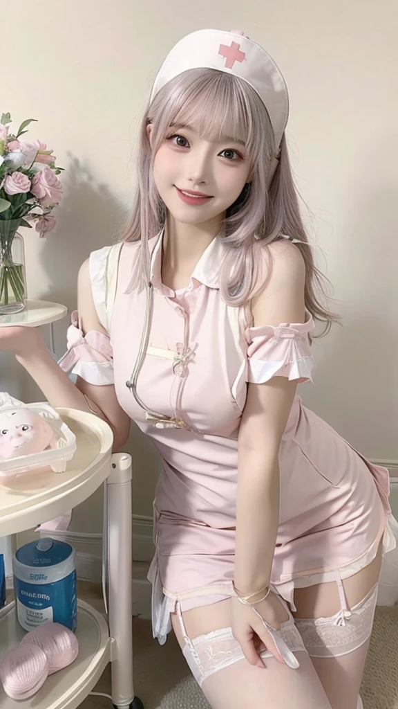 masterpiece, Practical, best quality, Ultra-high resolution, (photoPractical:1.4), (girl:1.5), ((whole body)), (Pink Nurse:1.5), (((Delicate face))), (Smile:1.3), Expecting audience, Long eyelashes, Puffy eyes, Egiosar, Open your mouth, (ulzzang-6500:0.5), very beautiful, Delicate and glowing skin, Garter, Thigh straps, (Pure face_v1:0.7), trolley, Drip rack,