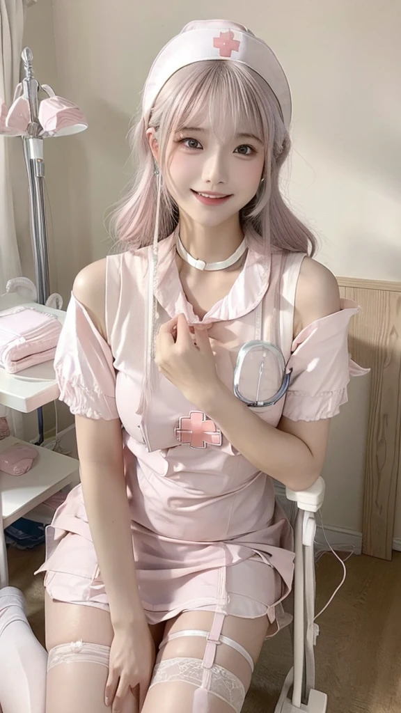 masterpiece, Practical, best quality, Ultra-high resolution, (photoPractical:1.4), (girl:1.5), ((whole body)), (Pink Nurse:1.5), (((Delicate face))), (Smile:1.3), Expecting audience, Long eyelashes, Puffy eyes, Egiosar, Open your mouth, (ulzzang-6500:0.5), very beautiful, Delicate and glowing skin, Garter, Thigh straps, (Pure face_v1:0.7), trolley, Drip rack,