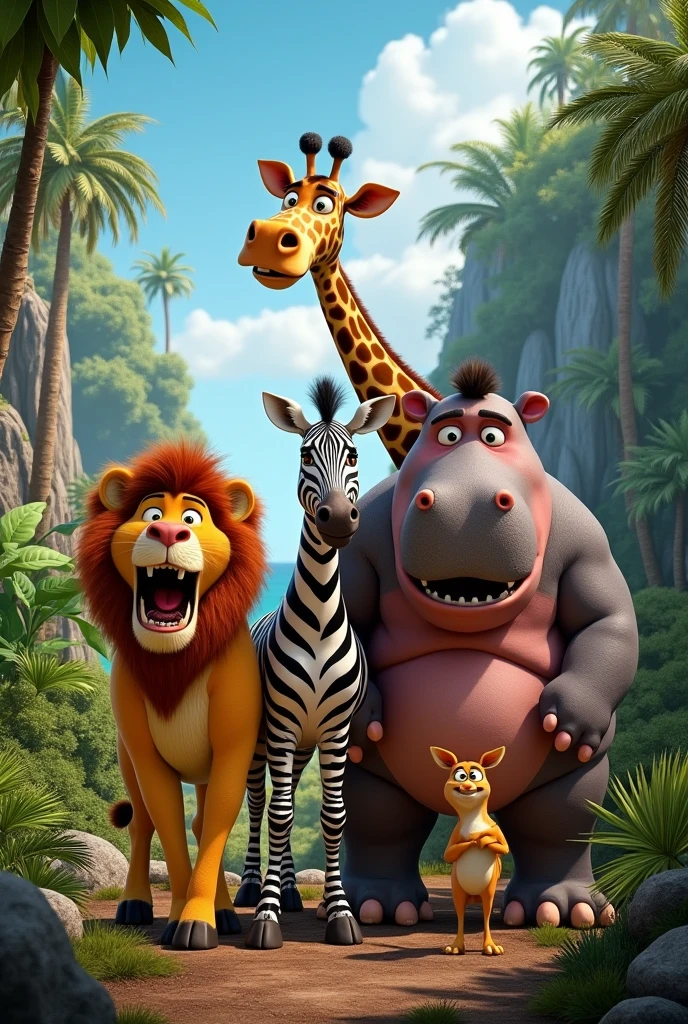 recreate the madagascar movie poster as if the movie characters were realistic