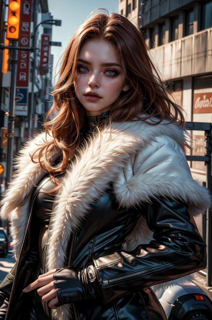 a beautiful young woman with long red hair, lora_Emma, wearing a tight black latex two piece suit, a white fur coat, and sunglasses, standing outside,(best quality,4k,8k,highres,masterpiece:1.2),ultra-detailed,(realistic,photorealistic,photo-realistic:1.37),detailed face, detailed eyes, detailed lips, long eyelashes, beauty, fashion, portrait, glamorous, elegant, studio lighting, dramatic lighting, high contrast, vivid colors, cinematic,xuer white fur coat