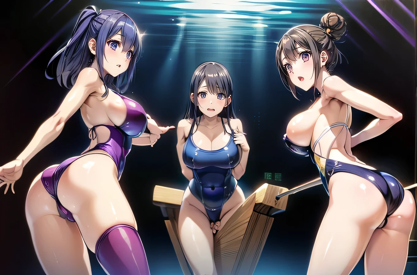 (8K, 超A high resolution, Best Quality, masutepiece:1.2)、top-quality、 (huge-breasted、teats:1.2)Hide all breasts and belly、(Black and gold lines、Pretty High Leg T-Back Swim Racing Suit、highleg:1.5)、(Crotch indirect、Stand with your crotch wide apart(stand up、squatt、Limbo Dance、Standing、Gani crotch):1.5)(Swimsuit digs into the crotch:1.5)(Put your hands around your waist、Show the armpits:1.28)(Sit on a pool bench:1.28) BREAK is intricate detail、depth of fields、(Brown-haired bun:1.48)、(Tempered body、Toned body、Split abs:1.38)Eye lashes、long lashes、Thin makeup、Distinct double eyelids、Clean collarbone、Aligned bangs、thin lips、a small face、(Highlights in the eyes、lipgloss)、Fine-grained skin、kawaii faces、(stand up、Do not close the legs、Stand up with your inseam wide open:1.4)(3Person、The body does not stick together、Three Beauties:1.55),nsfw