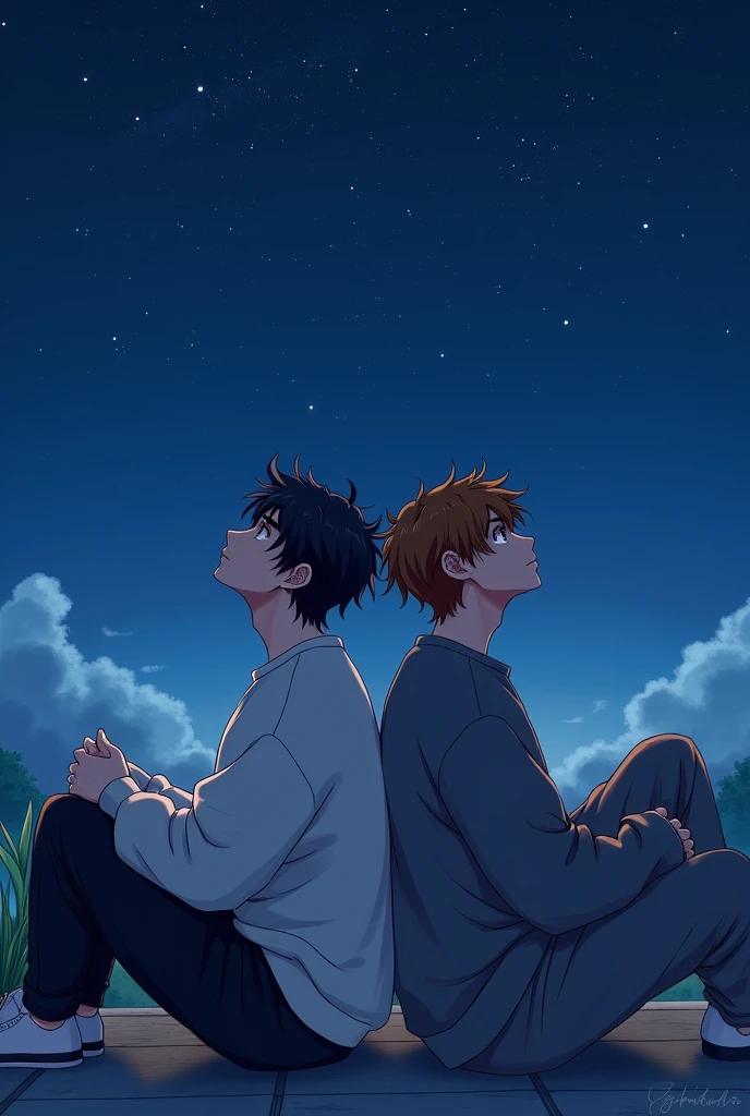 Two young men sitting back to back looking at the starry blue sky, One is black-haired and the other is brown-haired, Both are wearing sweatshirts so that the image is more nocturnal 