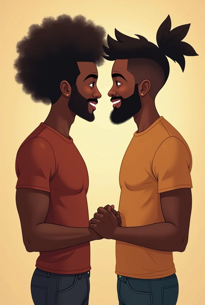 Two men holding hands looking at each other face to face, cheesy, dark skinned, one with afro hair and the other, both are dark skinned, give more hair to the second, Without beard