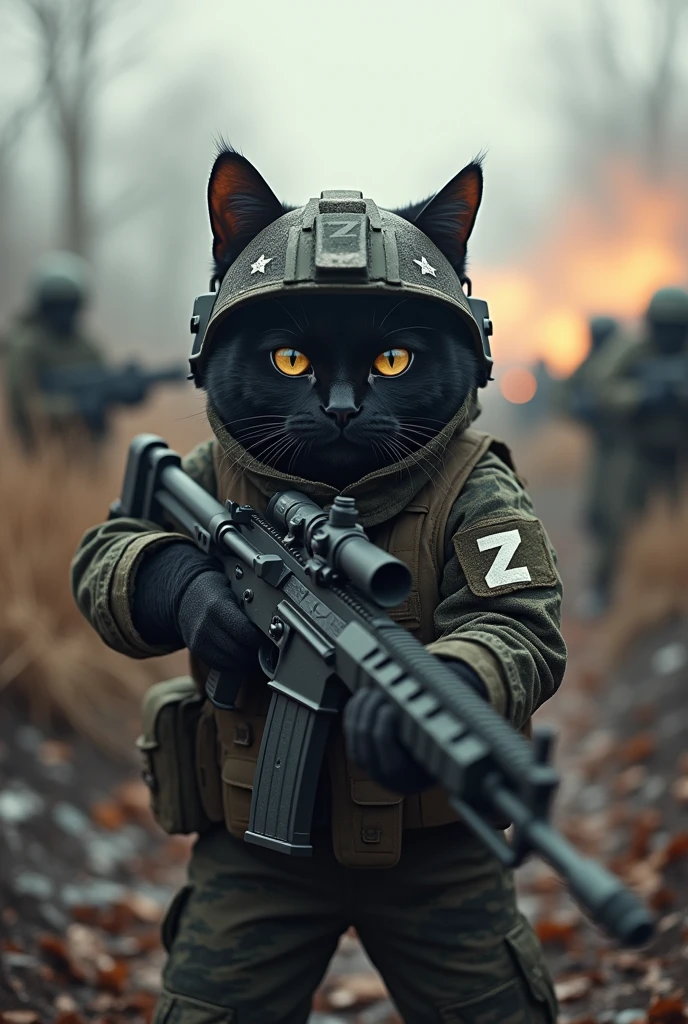 A black cat fighting against Ukraine with a rifle in his hand, wearing military clothing and with the letter Z in white on his arms and helmet. He is in the trenches. He hates Ukraine. His clothing is more modern. He is exchanging shots with the Ukrainians in the trenches. Realistic 4k.