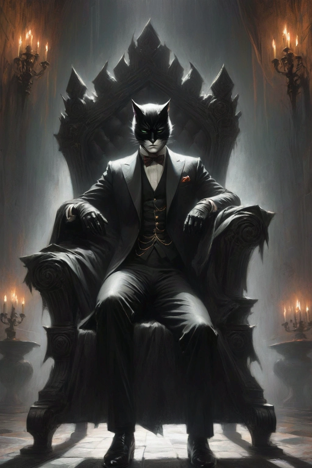 A fearsome, shadowy figure sits on a towering, jet-black throne with sharp, jagged edges that seem to cut through the very air around them. His face is almost entirely concealed by a strong, black mask, forged from dark metal, with angular designs that give it a sinister, almost demonic appearance. Only his eyes are visible—cold, piercing, and glowing faintly with an unnatural light, locking onto the viewer with an intensity that chills the soul.

He wears a dark, muted orange velvet suit, its rich fabric barely visible under the oppressive darkness of the room. His dark green polka-dot bowtie, though once a symbol of whimsy, now seems out of place—tainted by the malevolent aura that surrounds him. On his lap, a sleek, black cat sits, its eyes glowing an eerie, hellish red, its fur as dark as the void, blending seamlessly with the shadows. The cat’s presence is unnerving, its gaze as cold and terrifying as the man’s, as if it shares in his dark power.

The man’s hands, gloved in black leather, grip the throne's armrests with a tension that suggests immense, barely-contained power. The throne room is a cavernous space, filled with an oppressive darkness that seems to swallow all light. The stone walls are cracked and ancient, adorned only with torn, black banners that sway eerily as if moved by an unseen force. The wallpaper, a deep, almost black green, is barely visible, save for the faint, sinister gold patterns that seem to shift and writhe in the flickering firelight.

A roaring fire blazes in a massive, iron-wrought fireplace to the side, but instead of offering warmth, it casts long, twisted shadows that dance across the room, making the entire space feel alive with dark intent. The masked figure stares unblinkingly at the viewer, exuding an overwhelming sense of dread and power, as if ready to pass a judgment that will seal their fate forever.