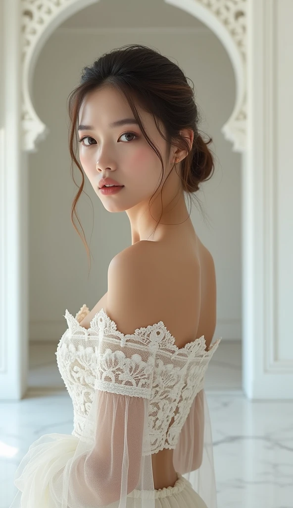 best quality, masterpiece,intricate detail, depth of field,highest quality,extremely detailed,high res,4k,ultra high res,detailed shadow,ultra realistic,realistic,dramatic lighting, 1girl, solo,detailed face,detailed eye,realistic skin,narrow waist,lace, lace trim,dress,delicate pattern, intricate detail,